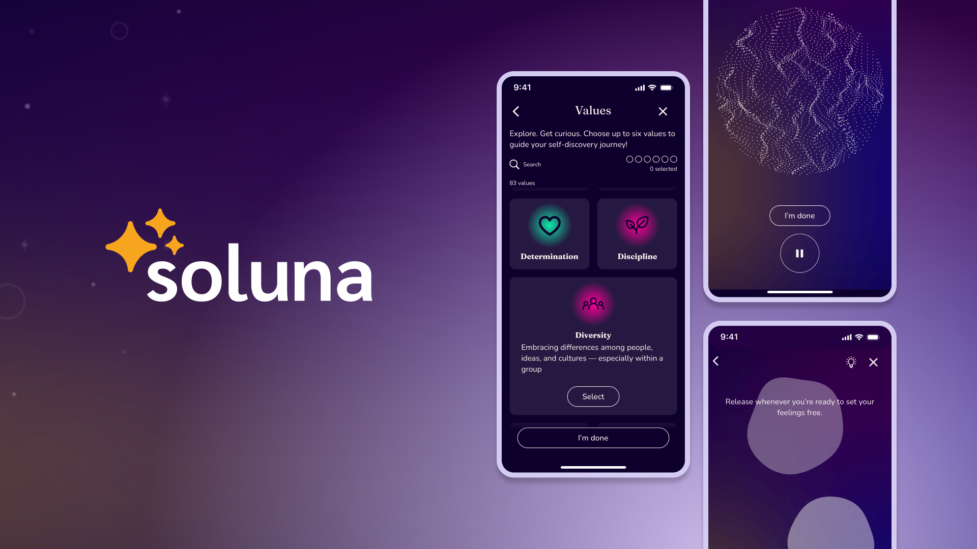 Screenshots of the Soluna app. Main image is of an exercise: 'choose up to six values to guide your self-discovery journey'