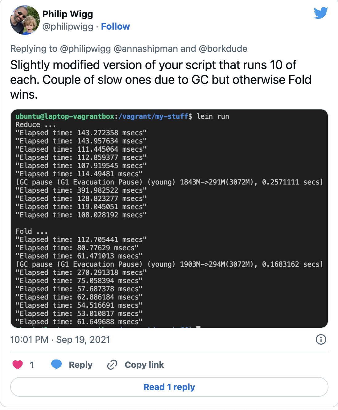 Tweet from @philipwigg: "Slightly modified version of your script that runs 10 of each. Couple of slow ones due to GC but otherwise Fold wins." with an image of terminal output showing this"