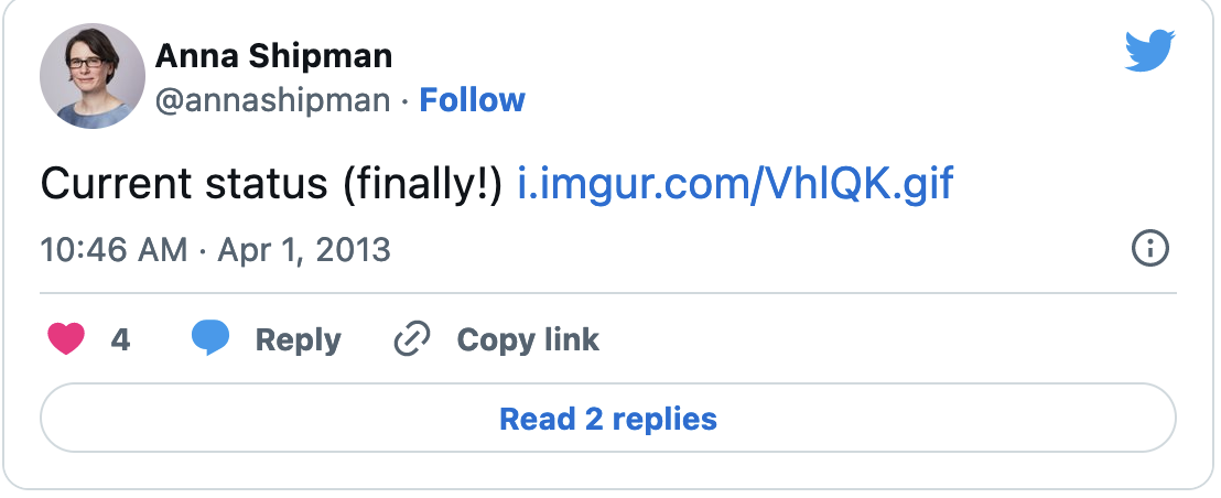 Tweet from @annashipman: 'Current status (finally!) i.imgur.com/VhlQK.gif