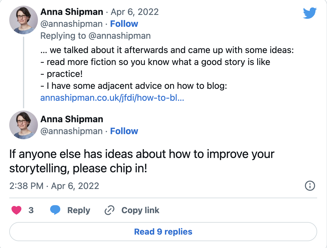 Tweet asking how to improve storytelling